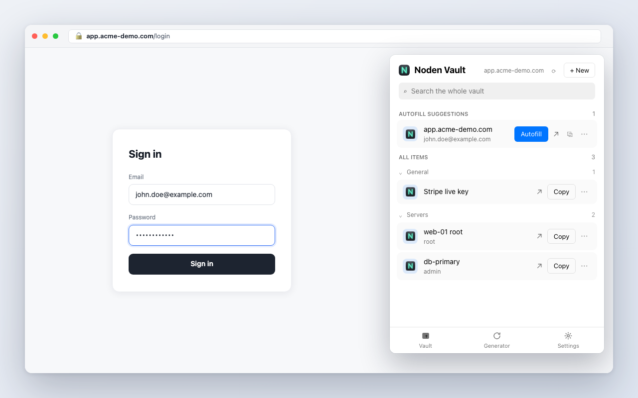 The Noden Vault browser extension on a sign-in page: an Autofill suggestion for the site and grouped vault entries with Copy buttons
