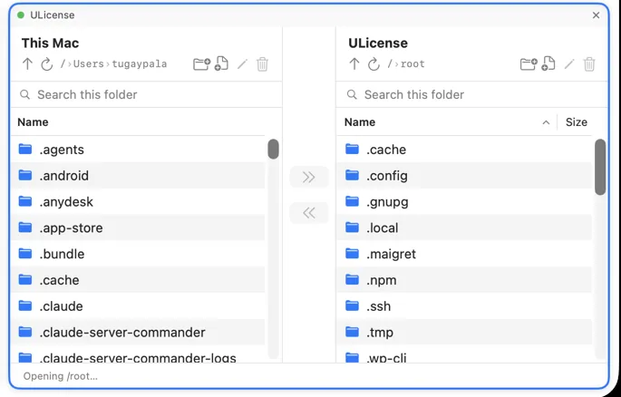 The Noden Mac SFTP client: a dual-pane file browser with the local Mac on the left and the remote server on the right